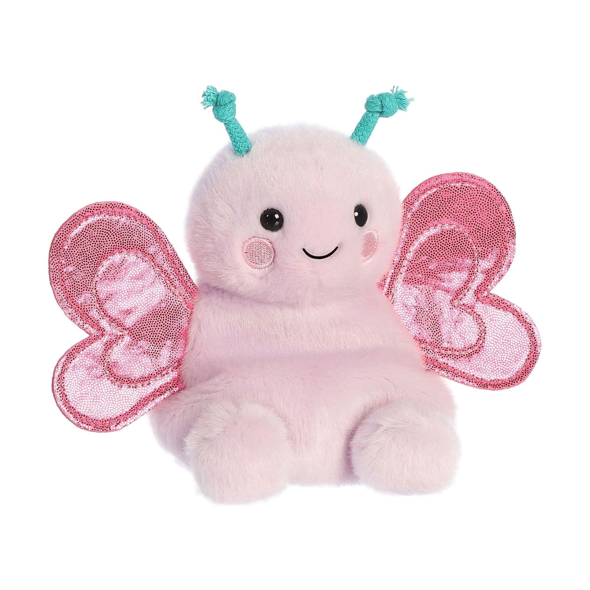 Meet the Palm Pal Petunia Butterfly by Twice as Sweet—a cute plush with light pink fur, sparkly wings, teal antennae, black eyes, a smiling mouth, and rosy cheeks. Part of the adorable Palm Pals collection.