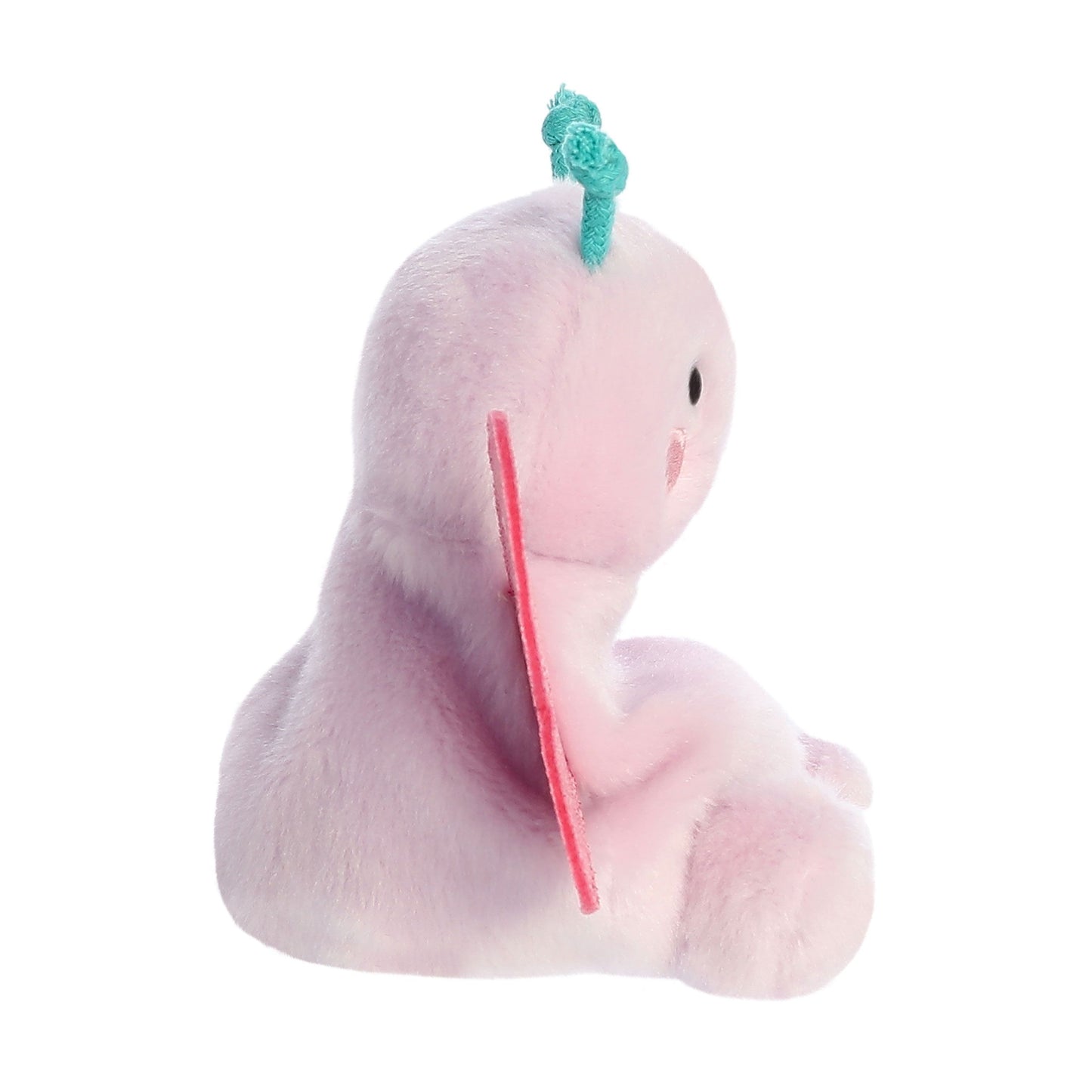 The Twice as Sweet Palm Pal Petunia Butterfly is a plush toy shaped like a pink caterpillar with blue antennae, red wings, and a smiling face, sitting upright and facing right. Part of the Palm Pals collection.