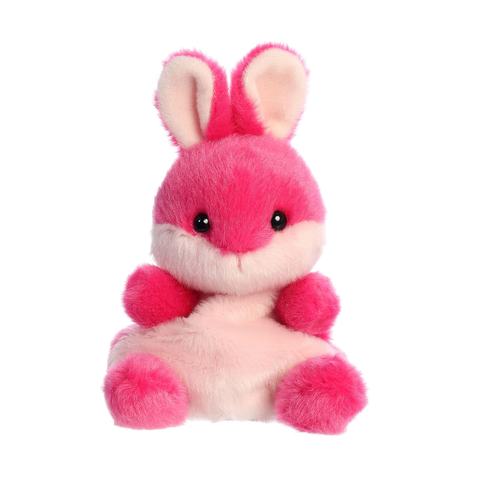 A Twice as Sweet Palm Pal Pixie Pink Bunny plush with bright and light pink fur, black button eyes, and large upright ears sits against a white background.