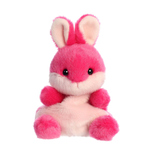 A Twice as Sweet Palm Pal Pixie Pink Bunny plush with bright and light pink fur, black button eyes, and large upright ears sits against a white background.