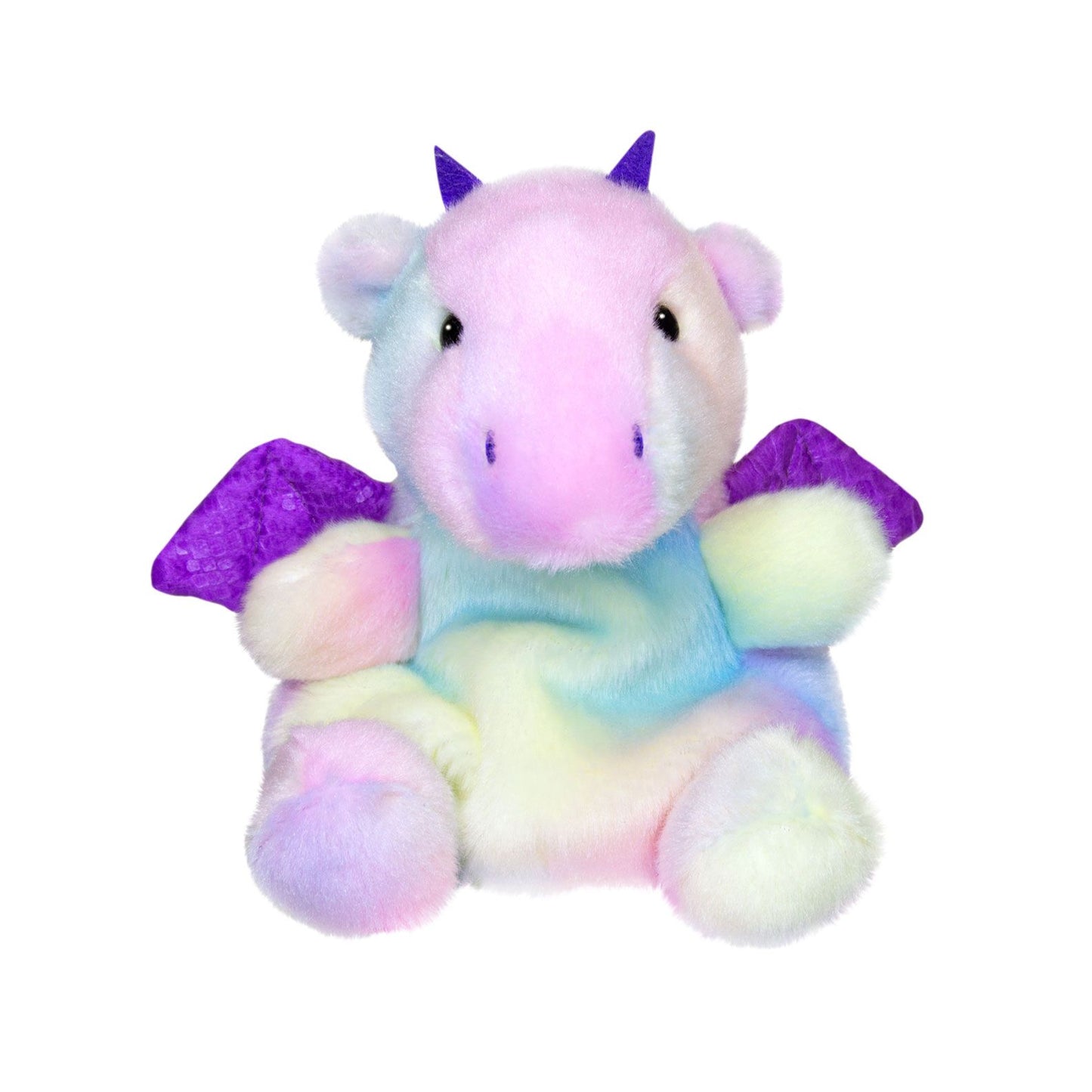 The Twice as Sweet Palm Pal Aster Dragon plush toy features pastel rainbow fur, purple wings, and purple horns. It sits upright facing forward against a white background.