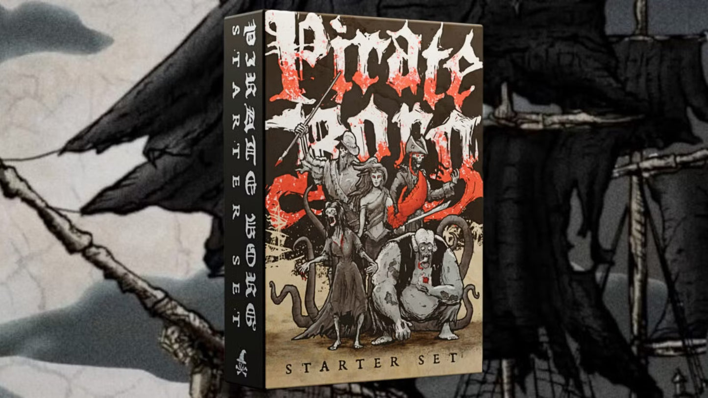 A boxed board game titled "Pirate Borg" shown upright, with the front cover and spine visible. The box art features a dark pirate-themed illustration with figures, a skull, and red-and-white gothic title text.