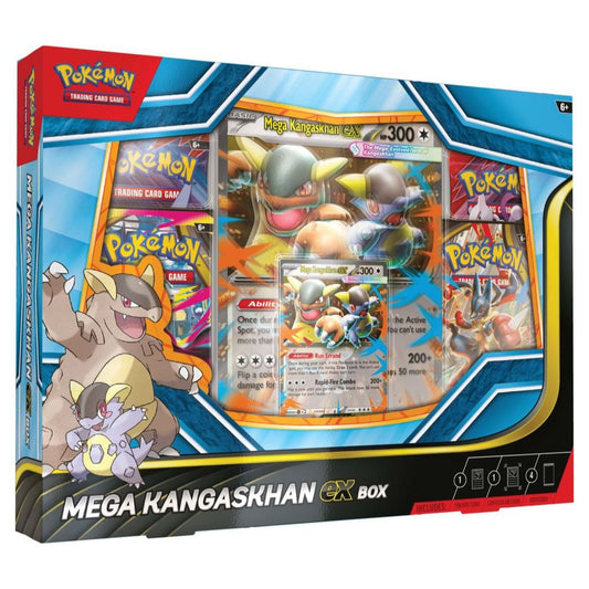 Pokémon Mega Kangaskhan EX trading card game box with characters and cards on a white background