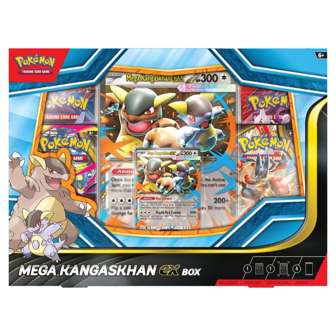 Pokémon trading card game box featuring Mega Kangaskhan EX with colorful packaging.