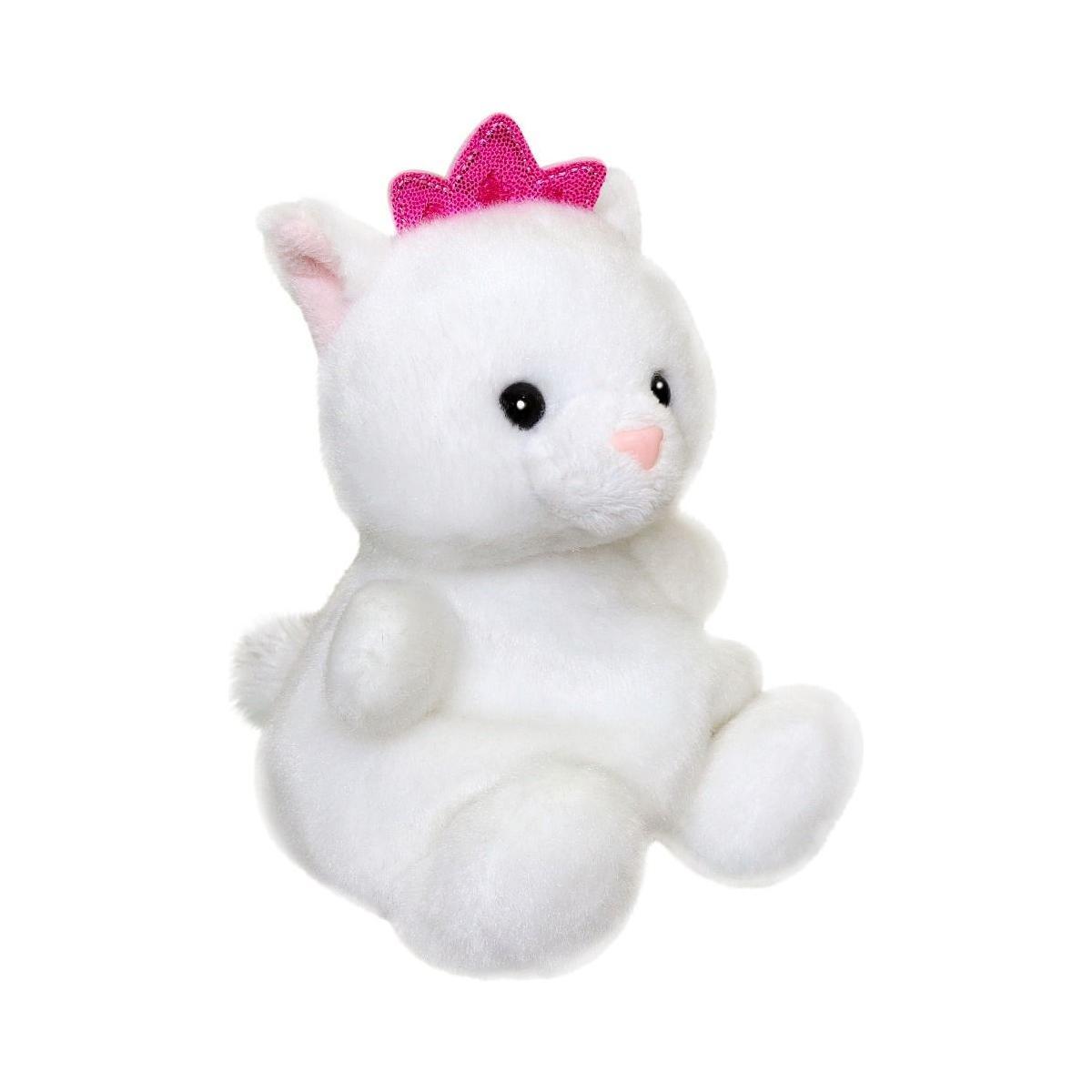 The Twice as Sweet Palm Pal Priscilla Princess Kitty is a plush white cat with black eyes, a pink nose, and a pink crown—an adorable addition to any kitty plush collection.
