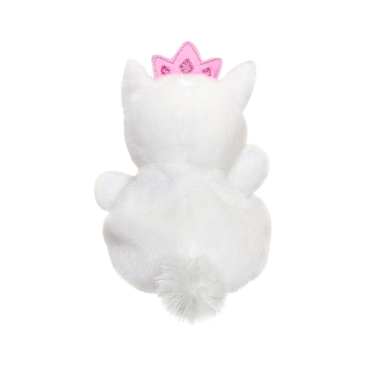 The Twice as Sweet Palm Pal Priscilla Princess Kitty plush toy features a fluffy tail, two ears, and a pink heart-detailed crown on its head, standing out elegantly against a plain white background.