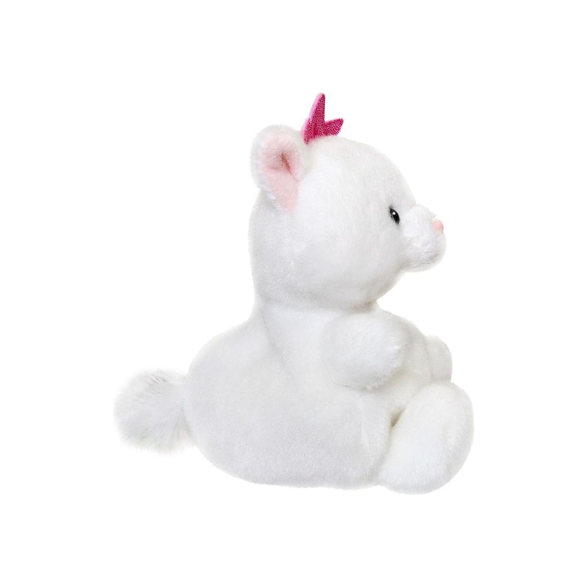 The Twice as Sweet Palm Pal Priscilla Princess Kitty is a white plush cat toy with soft fur, a small pink nose, and a pink crown. It sits upright on a plain white background, resembling an elegant companion for any princess.