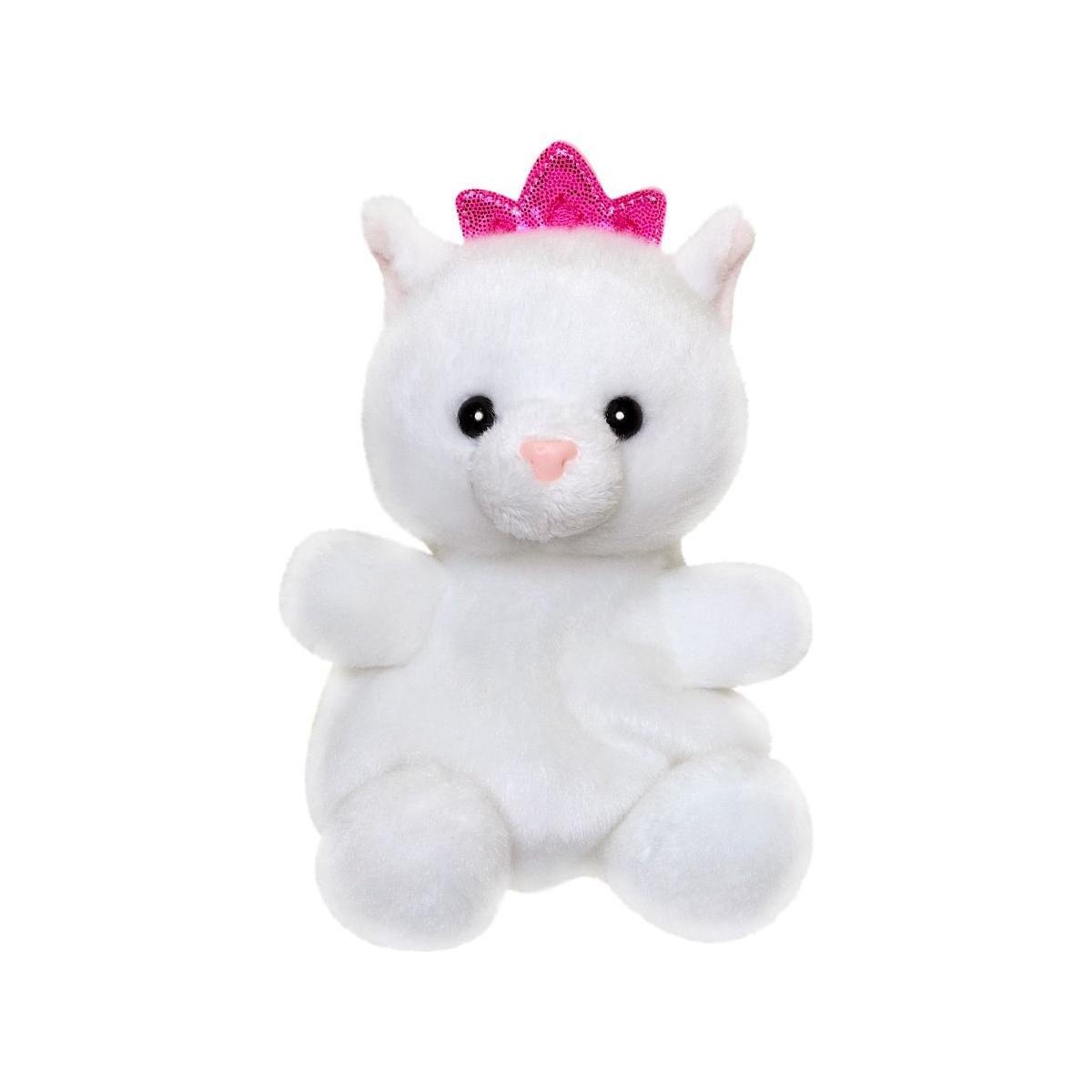 Twice as Sweet’s Palm Pal Priscilla Princess Kitty is a plush white cat toy with pink inner ears, a sparkly pink bow, and black eyes, shown sitting sweetly against a plain white background.