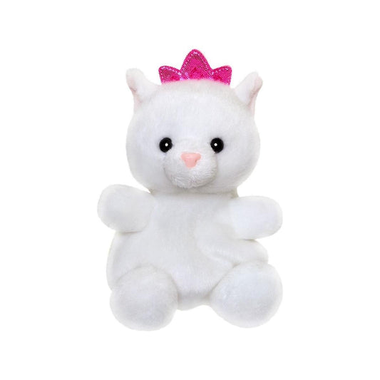 Twice as Sweet’s Palm Pal Priscilla Princess Kitty is a plush white cat toy with pink inner ears, a sparkly pink bow, and black eyes, shown sitting sweetly against a plain white background.