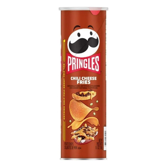 A 158g can of Twice as Sweet Pringles Chilli Cheese Fries (USA) features the Pringles logo, cartoon face, and a bold image of cheesy fries with chili and green onions for a spicy snack.
