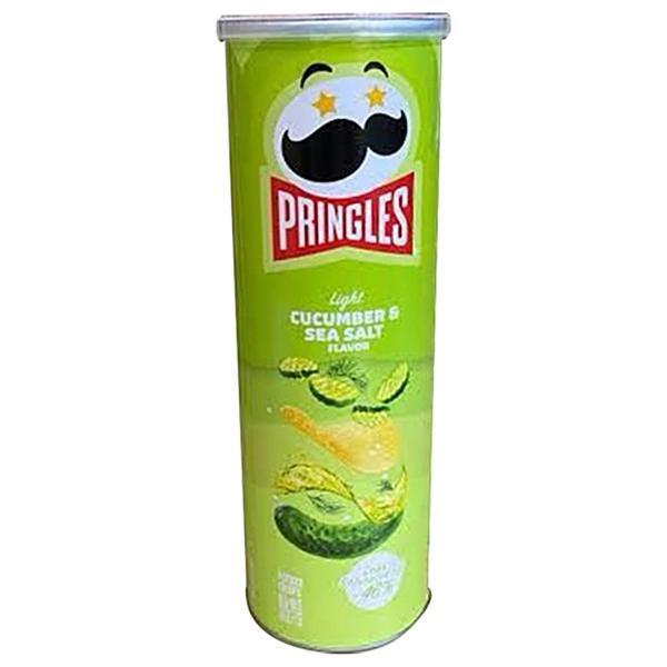 A tall, green Twice as Sweet Pringles Cucumber and Sea Salt 110g can from China features cucumber slices, potato chips, and the classic mustached logo on the front.