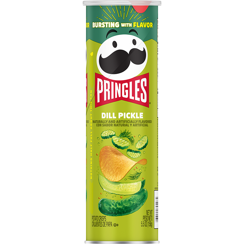 A 158g can of Twice as Sweet Pringles Dill Pickle (USA) features the Pringles logo, a smiling mustachioed face, and tangy potato chips with cucumber, dill, and pickle images on a vibrant green background.
