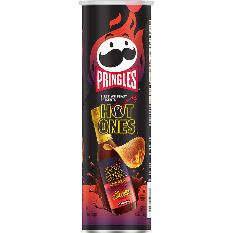 A 158g can of Twice as Sweet Pringles Hot Ones Barbacoa (USA) featuring fiery branding—a bold choice for fans of spicy snacks.