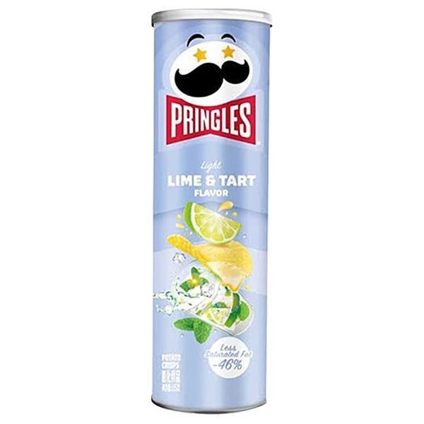 A tall, cylindrical 110g can of Twice as Sweet Pringles Lime and Tart from China features a blue label with lime and lemon chips illustrations and the Pringles mascot at the top, offering a tangy snack experience.