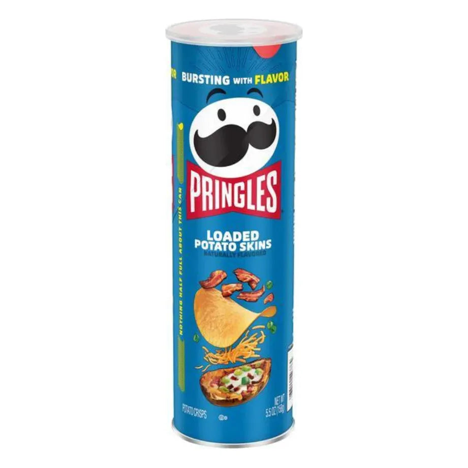 A tall blue can of Twice as Sweet Pringles Loaded Potato Skins 158g (USA), featuring the Pringles logo and images of chips, cheese, bacon bits, and a loaded potato skin on the front.