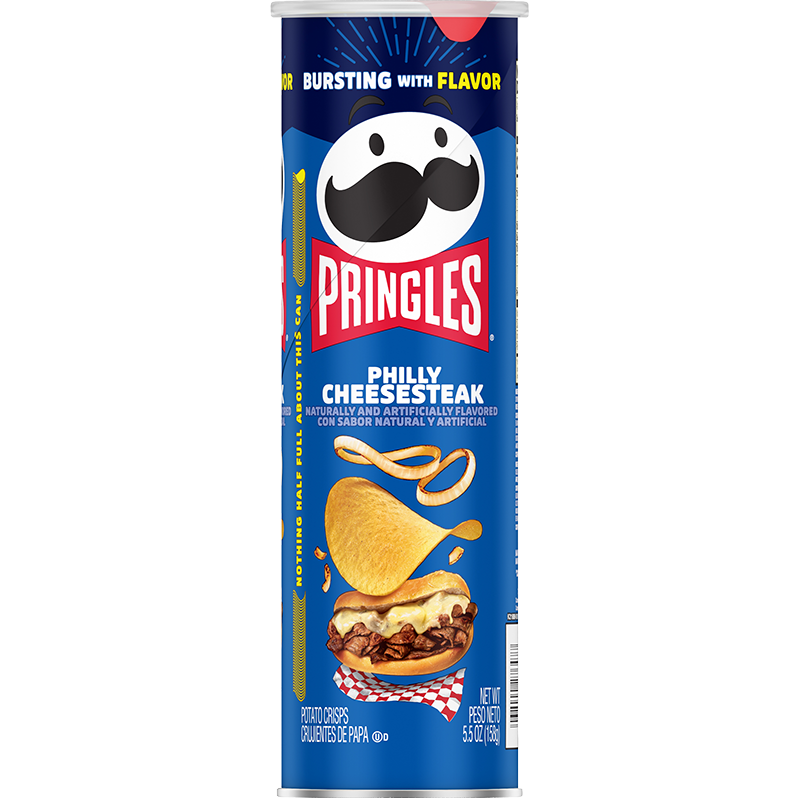 The Twice as Sweet Pringles Philly Cheesesteak 158g (USA) can features the Pringles logo, stacked crisps, and a Philly cheesesteak sandwich—an ideal snack for those craving unique Philly cheesesteak flavor.