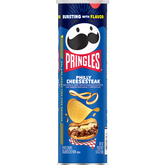 The Twice as Sweet Pringles Philly Cheesesteak 158g (USA) can features the Pringles logo, stacked crisps, and a Philly cheesesteak sandwich—an ideal snack for those craving unique Philly cheesesteak flavor.