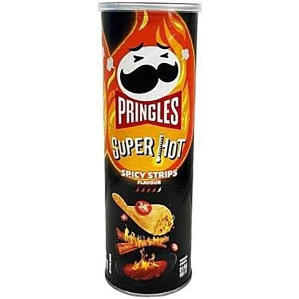 A 110g can of Twice as Sweet Pringles Super Hot Spicy Strips (China) features bold chili flavor, blazing flames, and a striking black-and-red design with fiery peppers and chips.