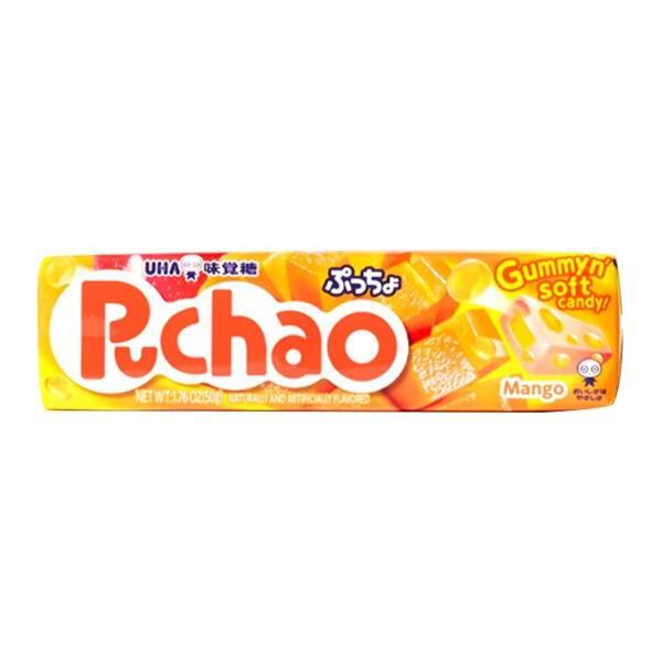 A 50g package of Puchao Mango chewy candy by Twice as Sweet showcases orange-yellow colors, mango images, and English and Japanese text on the wrapper, highlighting its delicious mango flavor.