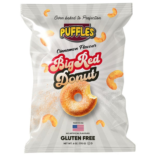 A 170g bag of Twice as Sweet Puffles Cinnamon Donut Puffs (USA), a sweet cinnamon snack in white packaging with donut-shaped corn puffs, bold red and yellow product name, and labels for gluten free, made in USA, and no artificial flavors.