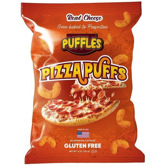 Twice as Sweet Puffles Pizza Puffs 170g (USA) come in a bright orange bag with images of corn puffs and pepperoni pizza, highlighting “Real Cheese,” “Gluten Free,” and “Oven baked to perfection” for a delicious cheesy snack.
