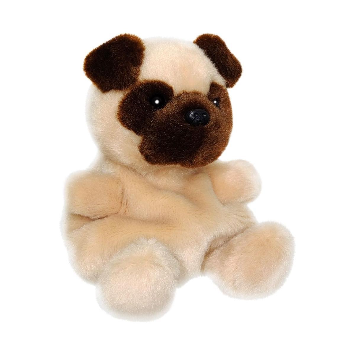 Palm Pal Frankie Pug by Twice as Sweet is a plush toy resembling a pug with light beige fur, dark brown ears, snout, and eye patches, black button eyes, and a round black nose, sitting upright—perfect for cuddling.