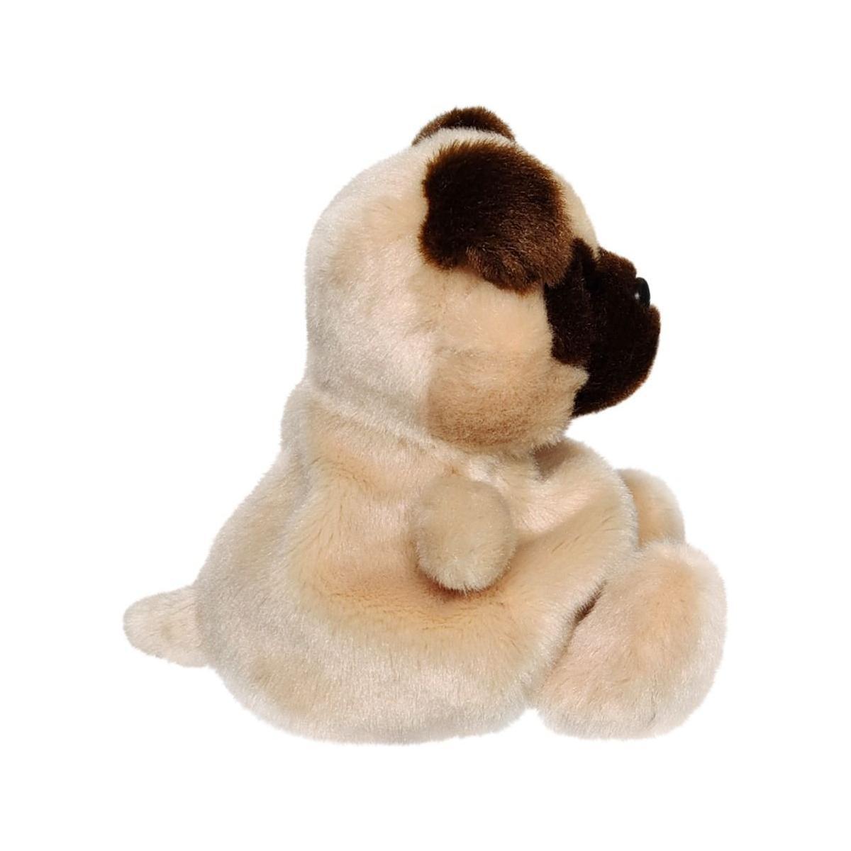 The Twice as Sweet Palm Pal Frankie Pug plush sits facing left, its light brown body and dark brown ears, snout, and short tail in view. With a soft, fuzzy texture, this cuddle buddy is perfect for snuggling.