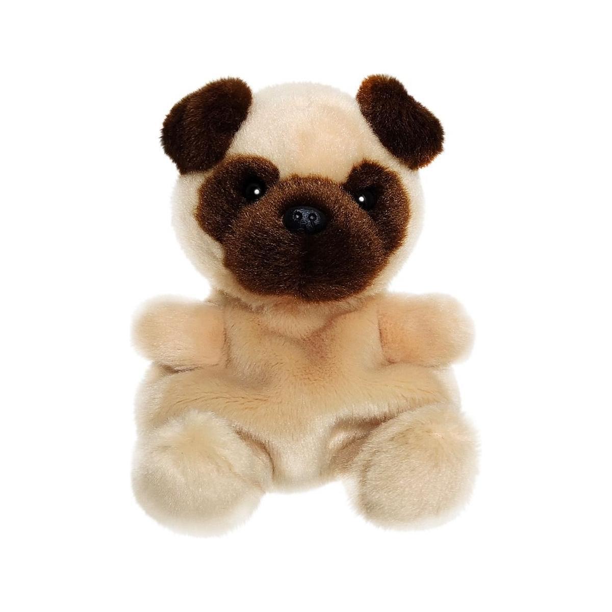 Palm Pal Frankie Pug by Twice as Sweet is a plush toy featuring light tan fur, dark brown ears and snout, plus black button eyes. This cuddly companion sits upright on a white background.