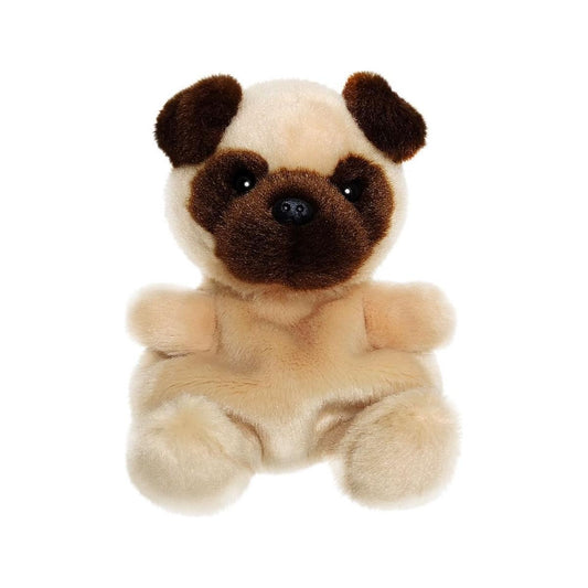 Palm Pal Frankie Pug by Twice as Sweet is a plush toy featuring light tan fur, dark brown ears and snout, plus black button eyes. This cuddly companion sits upright on a white background.