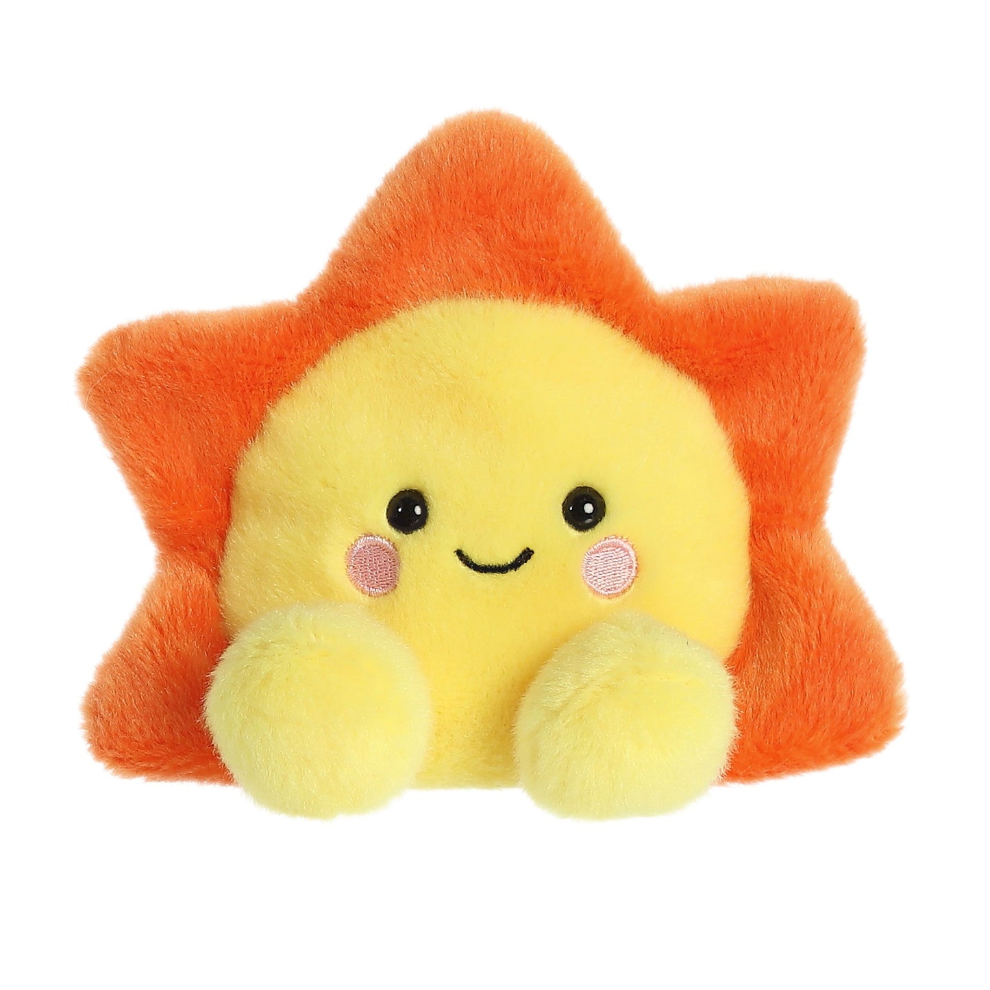 The Twice as Sweet Palm Pal Rae Sun is a plush toy shaped like a smiling sun, featuring a yellow face, blushing cheeks, black eyes, orange rays, and two yellow plush arms in front.