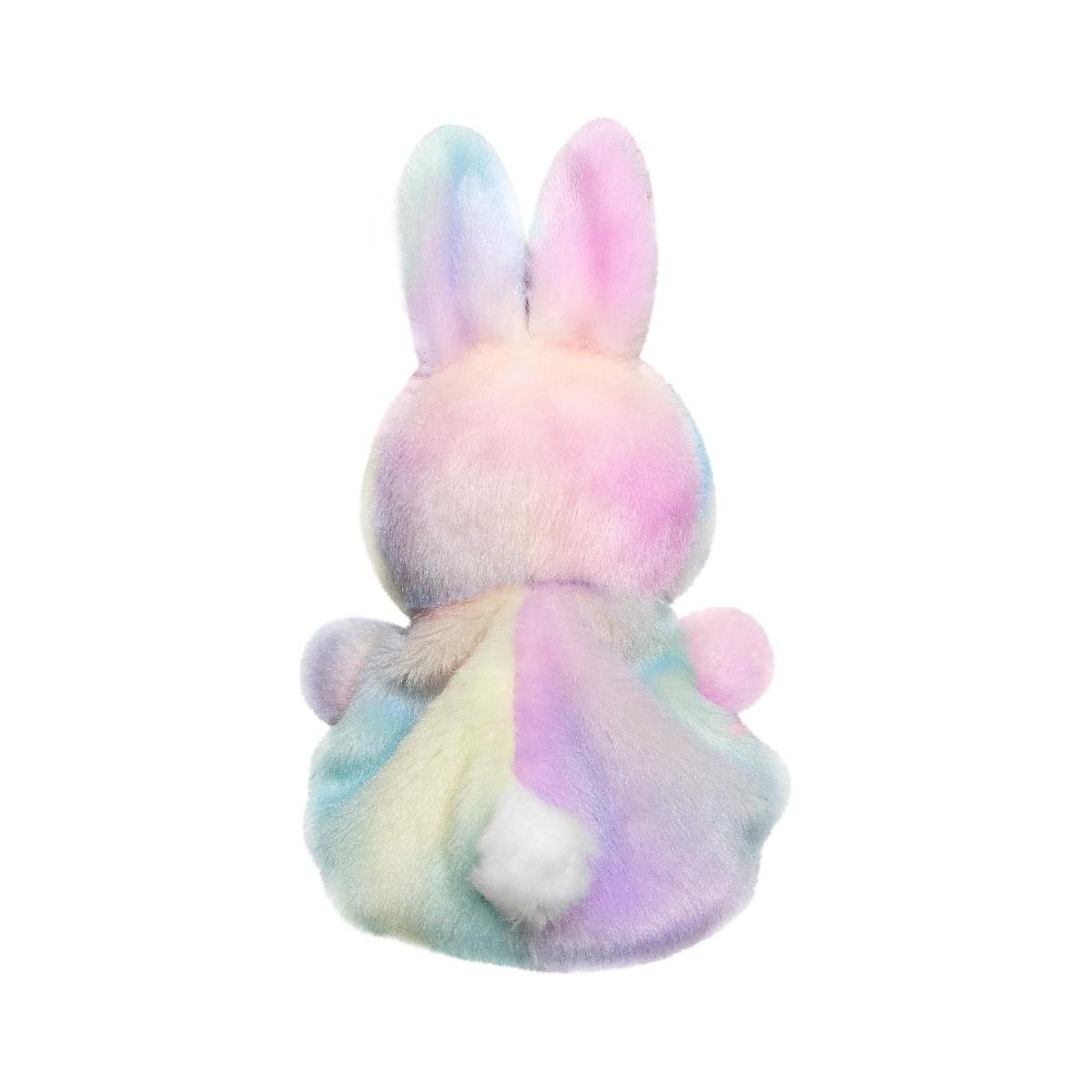The Twice as Sweet Palm Pal Opal Rainbow Bunny is a pastel plush toy with soft pink, blue, yellow, and purple fur, upright ears, and a white tail—ideal for glitzy party decor on a white background.