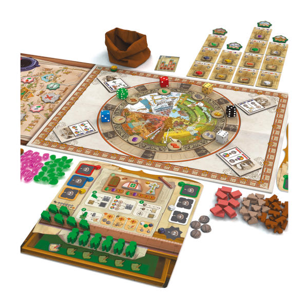 Red Cathedral board game components on a white back ground