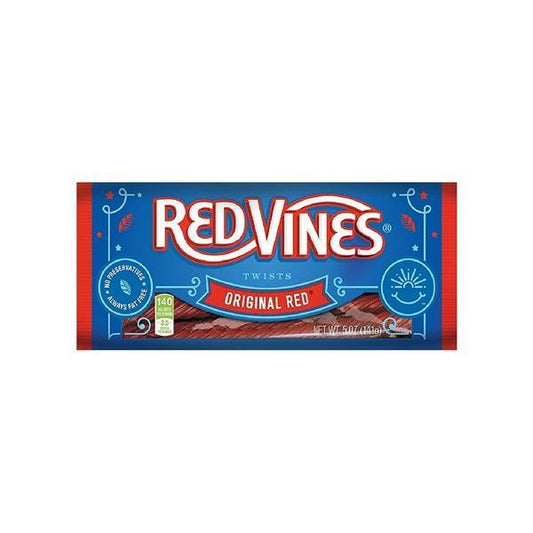 A package of Twice as Sweet Red Vines Original Red Twist 141g (USA) is shown, featuring blue packaging with red accents, the product name and logo, plus a clear window revealing the classic red licorice twists inside.