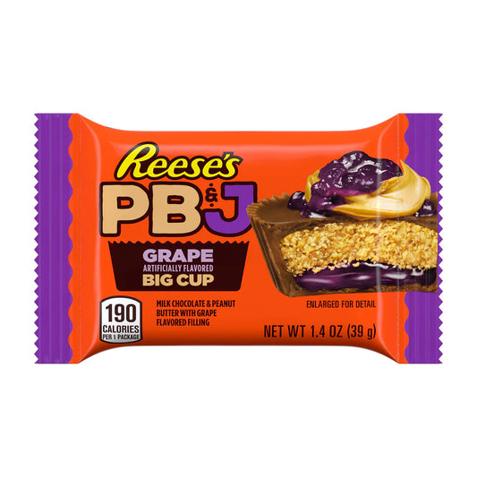Twice as Sweet Reeses Big Cup PB&J Grape Chocolate Peanut Butter Cups 39g (USA) comes in orange packaging with an image showing peanut butter and purple grape filling and has 190 calories per package.