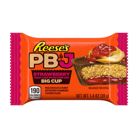 Twice as Sweet’s Reeses Big Cup PB&J Strawberry Chocolate Peanut Butter Cups 39g (USA) package shows a Big Cup filled with creamy peanut butter and strawberry, with “Strawberry Big Cup” on a bold red background.