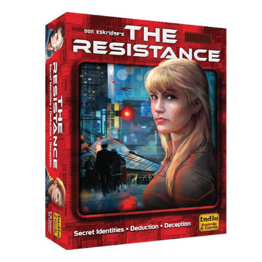 Board game box for 'The Resistance' front view with a woman's face and cityscape on the cover.