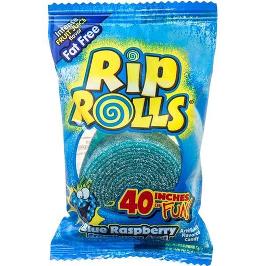 A blue package of Twice as Sweet Rip Rolls Blue Raspberry 40g (Thailand) shows a rolled strip of sour blue candy labeled 40 inches of fun, Fat Free, and features a cartoon character in the corner.