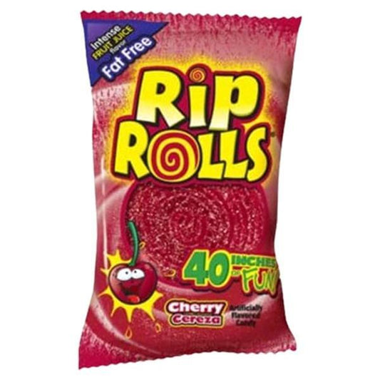 A 40g package of Twice as Sweet Rip Rolls Cherry from Thailand features a red rolled candy with a cartoon cherry, labeled “40 inches of fun,” “cherry cereza,” fat free, sour candy, and intense fruit juice flavor.