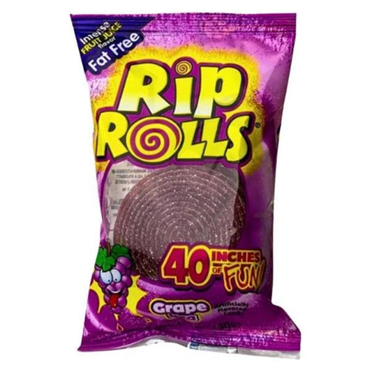 A 40g purple bag of Twice as Sweet Rip Rolls Grape candy (Thailand) features a coiled, chewy grape strip with sour sugar. The package states Fat Free, 40 Inches of Fun, and shows grapes in the bottom left corner.