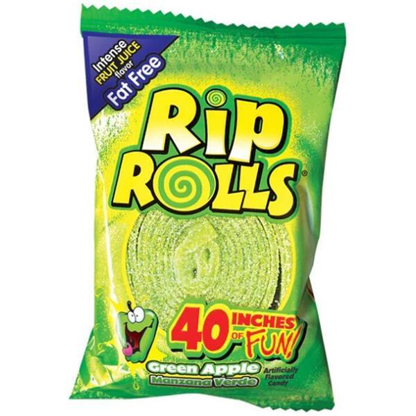 A 40g pack of Twice as Sweet Rip Rolls Green Apple (Thailand) offers a green chewy strip, advertised as “40 inches of fun,” with “intense fruit juice” flavor and “fat free” on the packaging.