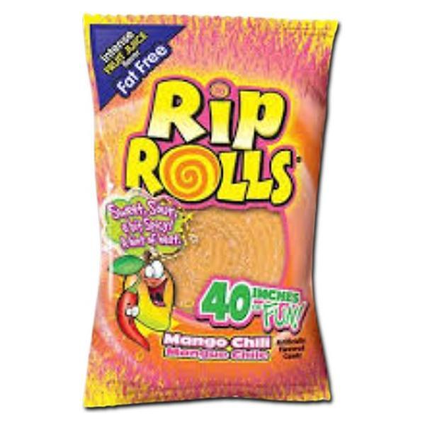 A 40g pack of Twice as Sweet Rip Rolls Mango Chilli from Thailand features colorful text, cartoon mango and chili characters, and a “40 inches of fun” label on an orange and yellow background.