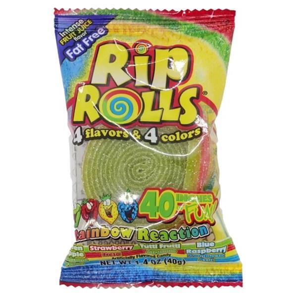 A 40g pack of Twice as Sweet Rip Rolls Rainbow Reaction (Thailand) features a coiled, rainbow-colored strip in a clear wrapper, offering 4 fruity flavors, 4 vibrant colors, and 40 inches of sour candy fun.