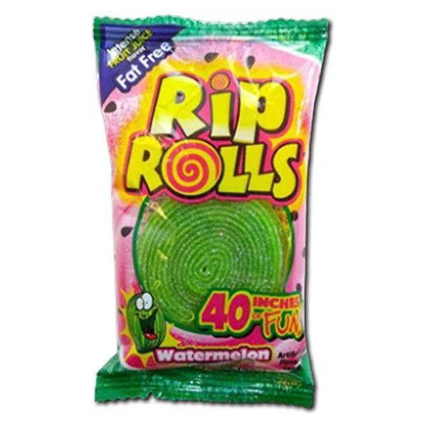 A 40g package of Twice as Sweet Rip Rolls Watermelon candy from Thailand, with pink and green packaging showing a coiled chewy strip, and text: 40 inches of fun, Fat free, and Watermelon.