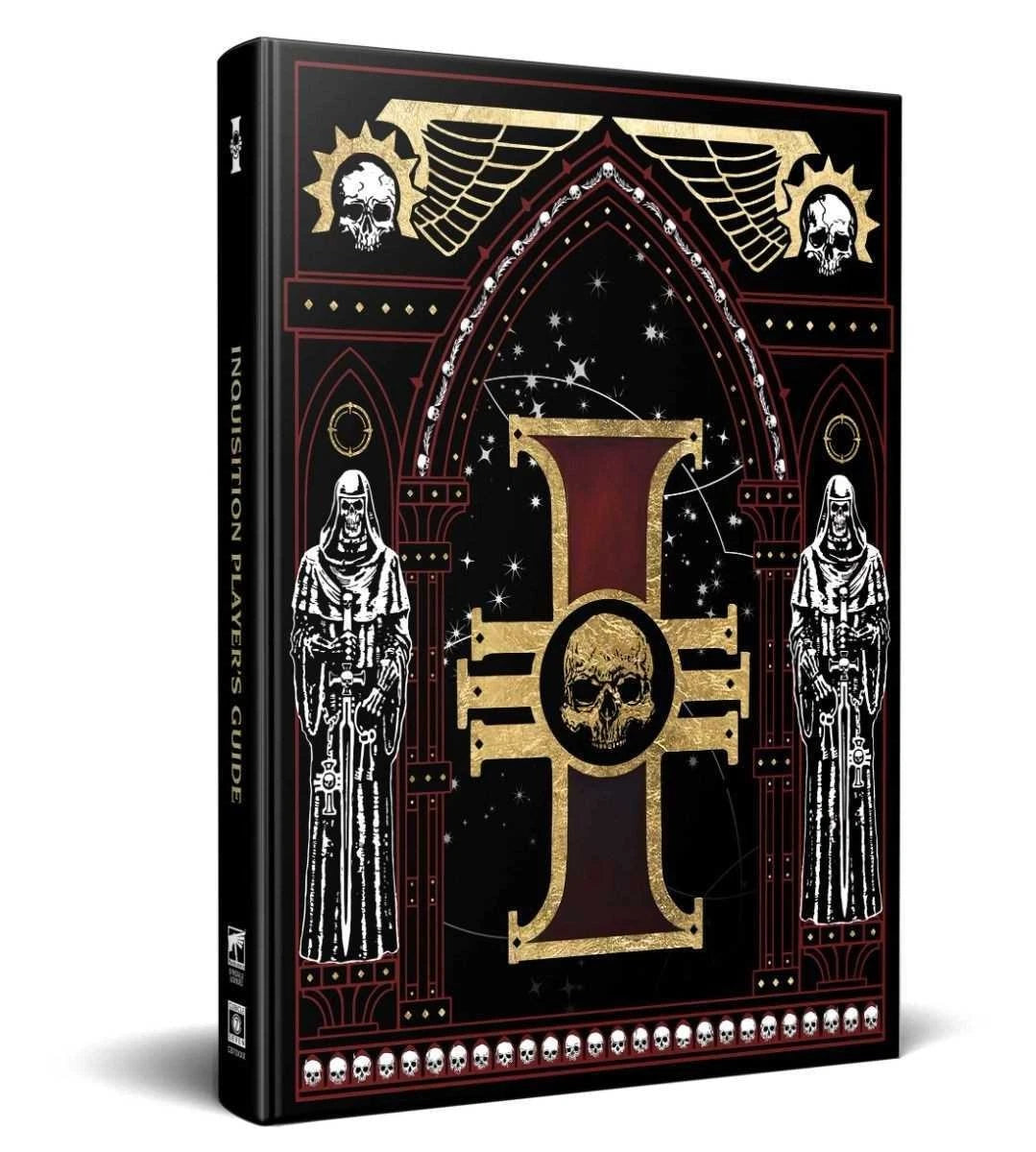 Gothic-style book with skull and crossbones design on a white background for the collector's edition of the Warhammer 40,000 roleplaying game Imperium Maledictum