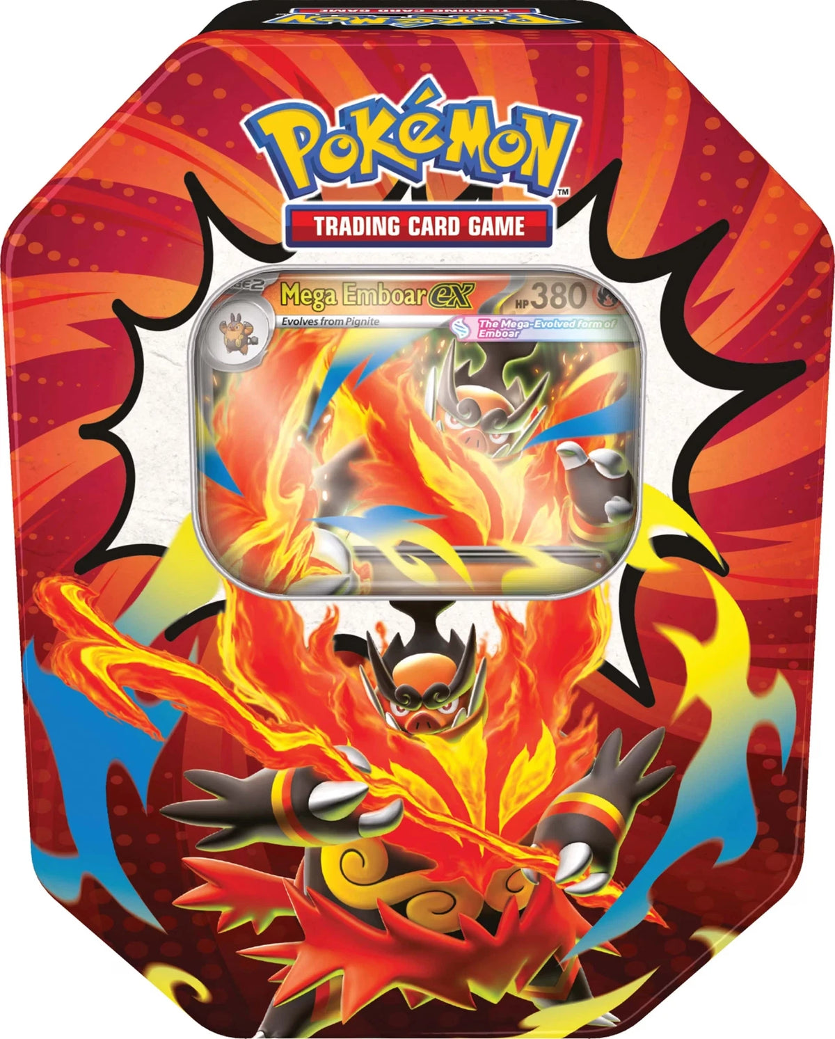 Pokémon trading card game packaging with a fiery design and card inside for Ascended Heroes Mega Emboar Ex tin
