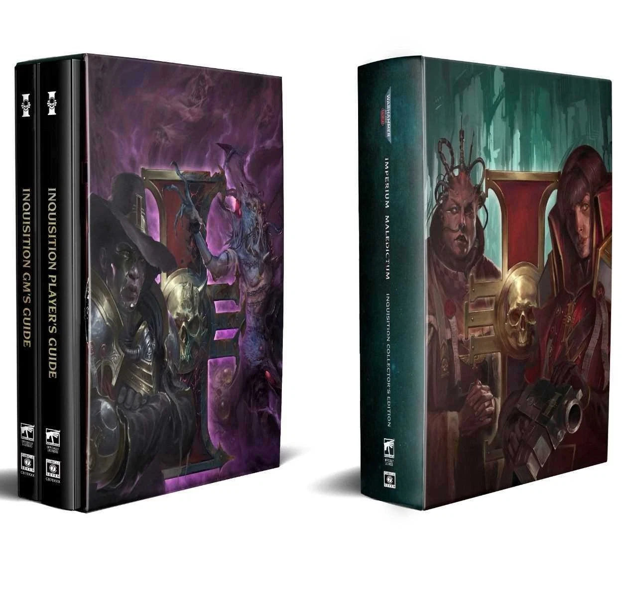 Two collector's edition game books for the Warhammer 40,000 RPG Imperium Maledictum with intricate covers featuring fantasy characters and text.