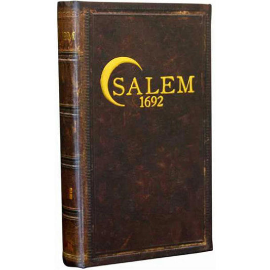 Board game 'Salem 1692' box with embossed letters on the cover against a white background