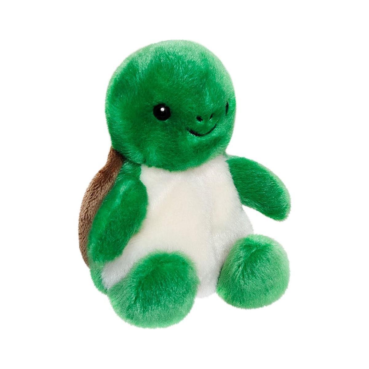 The Twice as Sweet Palm Pal Honu Sea Turtle is a plush green turtle with a white belly, brown shell, and black button eyes, smiling and sitting upright against a white background.