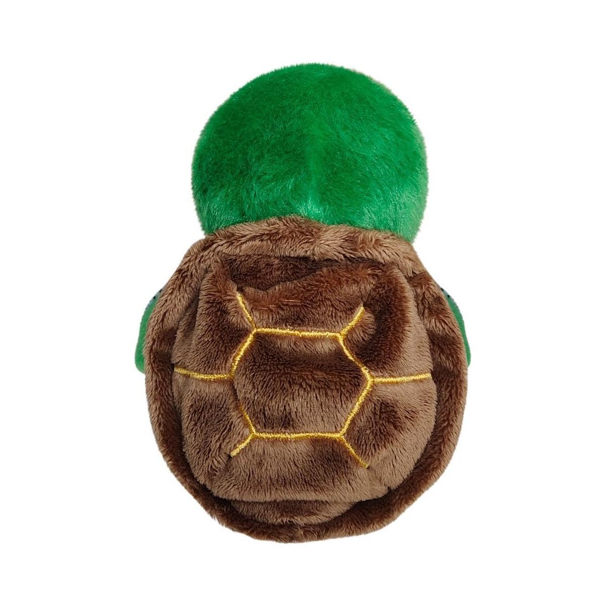 The Twice as Sweet Palm Pal Honu Sea Turtle plushie is pictured from above, displaying its green head and brown hexagon-patterned shell with yellow stitching, set against a white background.