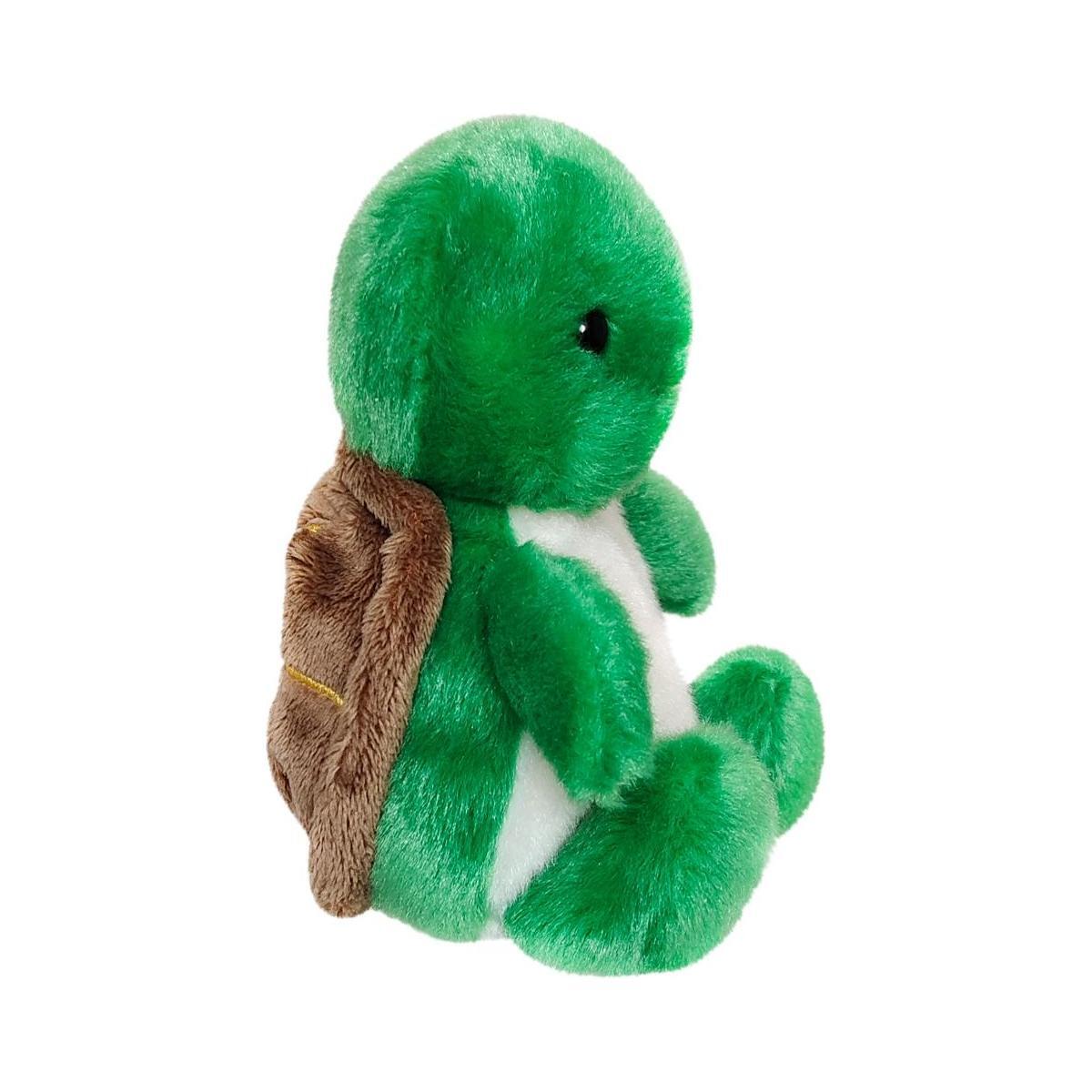 The Twice as Sweet Palm Pal Honu Sea Turtle plush has green fur, a brown shell, and a white belly. It sits upright facing right against a plain white background.
